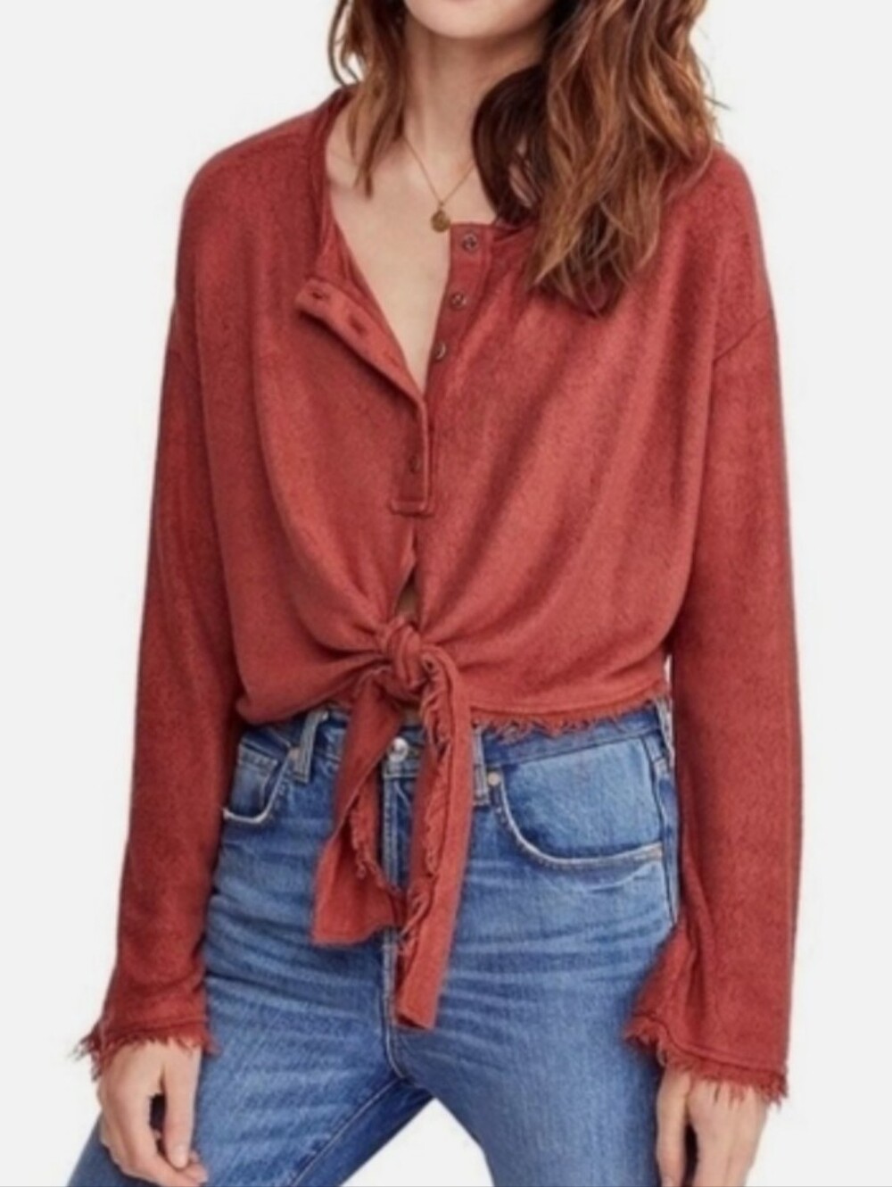 Free People Boho rust tie-front long sleeve crop top - medium